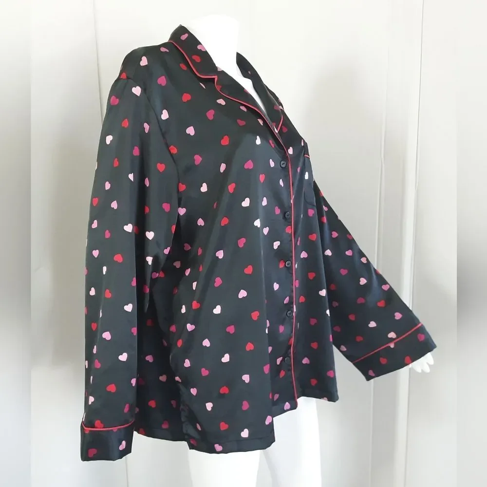 VICTORIA'S SECRET Black Satin Pink Hearts Pajama Shirt Sz XL